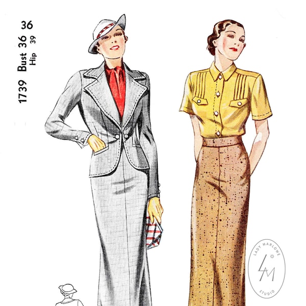 vintage sewing pattern 1930s skirt suit   // 3 piece suit // blouse pencil // single breasted skirt jacket // bust 36/ 1930