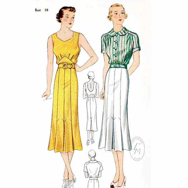 1930 1930s dress vintage sewing pattern reproduction / sports dress / peter pan collar blouse / bust 38