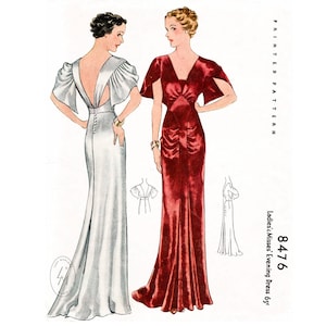 vintage sewing pattern 1930s evening gown reproduction / art deco wedding bridal / extended train hem / English & French / PICK YOUR SIZE