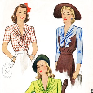 1940 vintage sewing pattern 1940s 40s blouse  3 styles bow collar bust 34