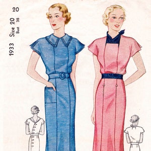 vintage sewing pattern 1930s dress 2 styles kick pleat skirt scarf neckline  bust 38 reproduction