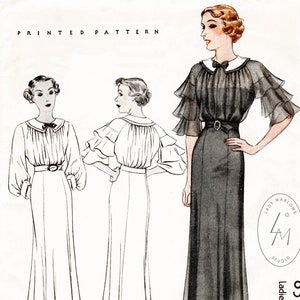 1930s vintage sewing pattern dress  cascade ruffles shirred bodice frock bust 36 b36 / 1930 reproduction