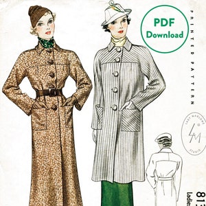 vintage sewing pattern 1930s 30s  winter coat box shape two lengths bust 34 Instant Download