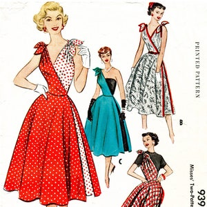vintage sewing pattern 1950s dress reproduction // cocktail dress // one shoulder tie // full skirt // bust 32 34 36 38