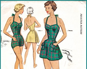 May include: Vintage sewing pattern for a green and red plaid bathing suit with a skirt. The pattern is for misses' sizes 18 and bust 36. The pattern number is 8434 and the price is 75 cents.