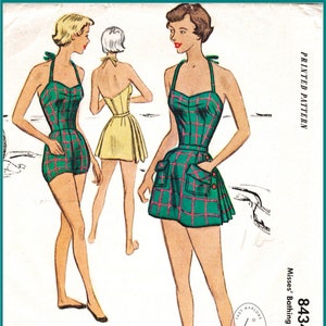 1950s 50s vintage sewing pattern swimsuit with pleated one piece halter playsuit bathing suit beach romper swimwear bust 36 b36 reproduction