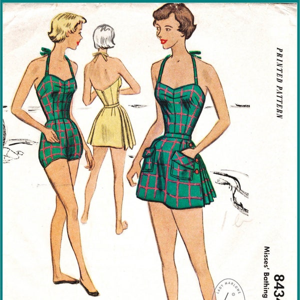 Années 1950 années 50 vintage patron de couture maillot de bain avec plissé une pièce halter playsuit maillot de bain beach romper maillot de bain buste 36 b36 reproduction