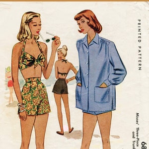 vintage sewing pattern 1940s 40s vintage swimsuit sewing pattern bikini halter high waist shorts & beach jacket bust 32 b32 reproduction