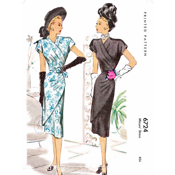 1940s vintage sewing pattern reproduction /  1940s faux wrap dress / cap sleeves / bust 30 32 34 36 38 / English & French