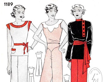 vintage sewing pattern 1930s 30s   // beach pajama jumpsuit // wide leg trousers // 3 styles // bust 32 34 36 38 40