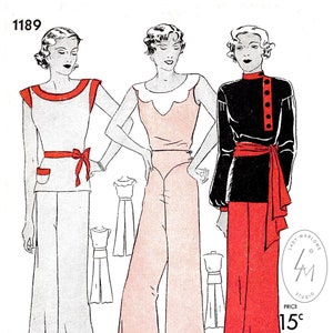 vintage sewing pattern 1930s 30s   // beach pajama jumpsuit // wide leg trousers // 3 styles // bust 32 34 36 38 40