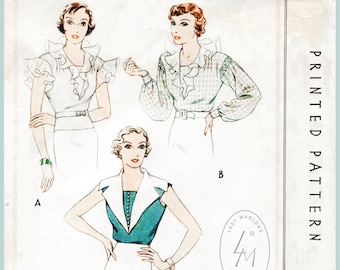 vintage sewing pattern vintage sewing pattern 1930s 30s misses women's  art deco blouse Bust 34 B34 Repro with French & English instructions