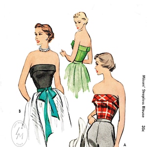 May include: A vintage sewing pattern for a strapless blouse. The pattern shows three different styles of the blouse, one in black, one in green, and one in red and white plaid. The pattern number is 8271 and the price is 35 cents.