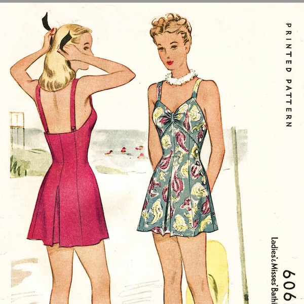 1940s vintage swimsuit sewing pattern one piece playsuit bathing suit beach romper swimwear bust 34 b34 waist 28 w28