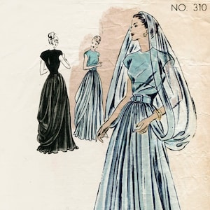 1940 vintage sewing pattern 1940s 40s  wedding dress evening ball gown with veil Bust 32 B32  reproduction