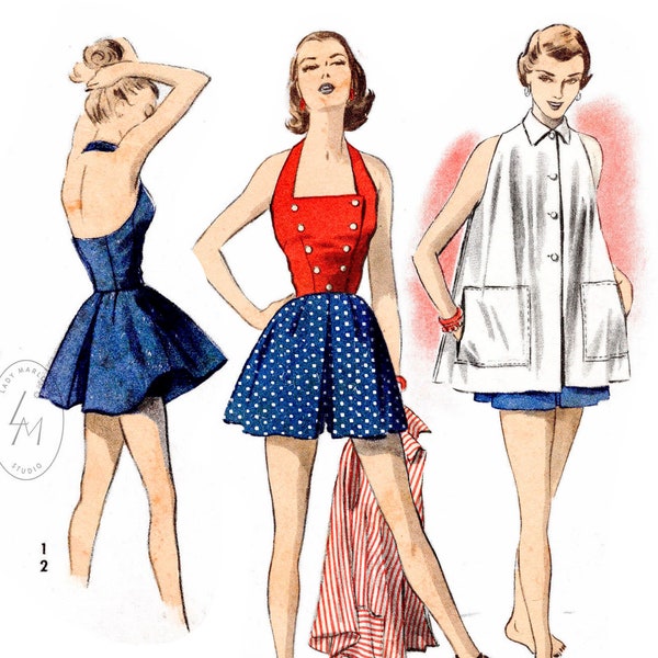 1950s 50s nautical playsuit & trapeze coat vintage sewing pattern reproduction // beachwear // bust 30 32 34 36 38