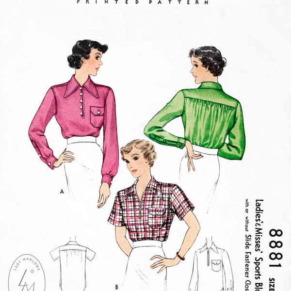 vintage sewing pattern 1930s 30s blouse pattern // button down // pointed collar // long or short sleeves // reproduction // Bust 34/ 1930