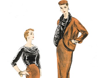 May include: A vintage sewing pattern illustration featuring two women wearing a skirt and jacket ensemble. The jacket has a fur collar and the skirt is a pencil skirt. The pattern number is NO. 774.