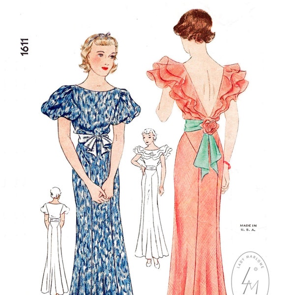 vintage sewing pattern 1930s 30s evening gown // reproduction // cascading ruffles // sash waist / PICK YOUR SIZE bust 32 34 36 38 40 / 1930