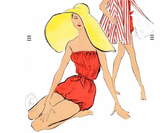 vintage sewing pattern 1950s 50s beachwear playsuit reproduction // sleeveless trapeze coat // one piece romper // Bust 32 34 36 38 40