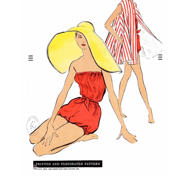 vintage sewing pattern 1950s 50s beachwear playsuit reproduction // sleeveless trapeze coat // one piece romper // Bust 32 34 36 38 40