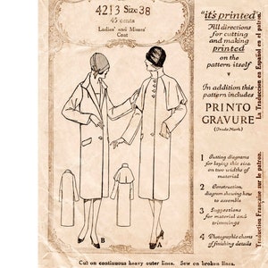 vintage sewing pattern 1920s 20s reproduction / flapper coat two styles pointed collar or capelet trench coat mackintosh / bust 38 b38