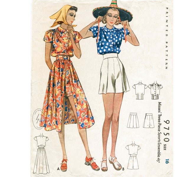 motif de couture vintage années 1930 années 1940 playsuit jupe shorts beach summer bust 34 b34 reproduction