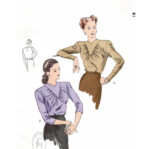 1940 vintage sewing pattern 1940s 40s Blouse film noir style reproduction / shirring detail / bust 38