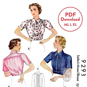 May include: A vintage sewing pattern for a women's blouse with a Peter Pan collar and short sleeves. The pattern includes three different views: a floral print blouse, a solid pink blouse, and a solid blue blouse. The pattern is for sizes M, L, and XL. The pattern is a PDF download.