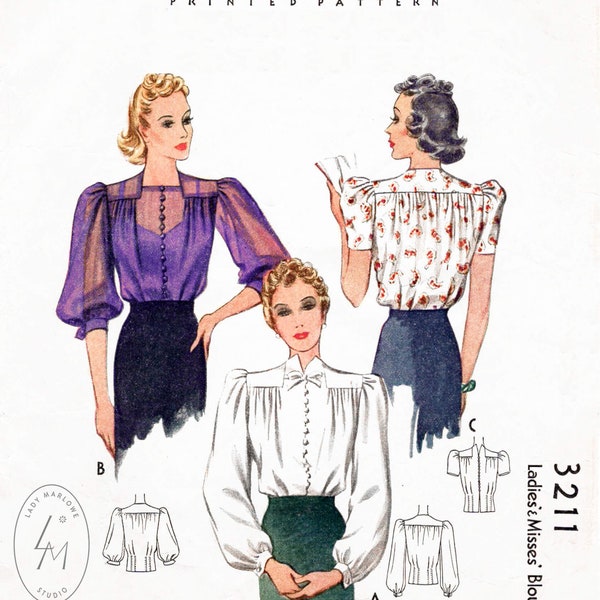 vintage sewing pattern 1930s 30s blouse pattern // puff sleeves // full sleeves // shirring detail // reproduction // Bust 32 34 36 38/ 1930