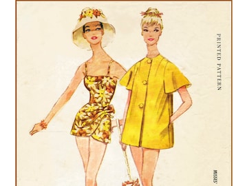 1960s 60s vintage swimsuit sewing pattern reproduction one piece spaghetti strap bathing suit sarong playsuit swimwear bust 34 b34