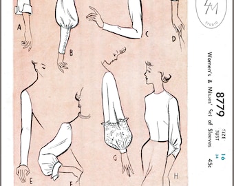 vintage sewing pattern Vintage Sewing Pattern 1950s 50s sleeve set 8 styles bust 34 b34 French and English reproduction
