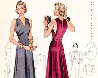 1930s 30s vintage evening gown sewing pattern reproduction / cocktail dress and bolero / English & French / bust 32 34 36 38 40 42 / 1930