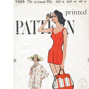 May include: A vintage sewing pattern for a red swimsuit with a printed design. The pattern is for size 14, bust 34 inches, and hip 36 inches. The pattern is from Lady Marione Studios.
