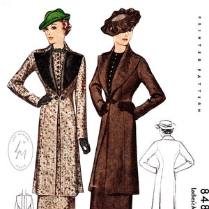 May include: A vintage sewing pattern for a ladies' suit. The pattern is for size 16 and includes a long coat with a contrasting collar and a skirt. The pattern is printed on paper and has a brown and white colour scheme.