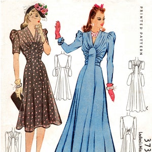 1940 vintage sewing pattern 1940s 40s pattern misses women's evening gown or day dress shirred yoke Bust 34 reproduction