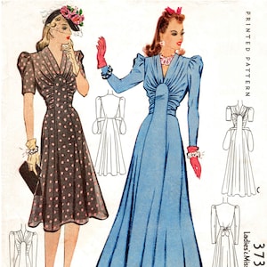 1940 vintage sewing pattern 1940s 40s pattern misses women&#39;s evening gown or day dress shirred yoke Bust 34 reproduction