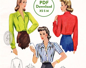 XS S M Vintage Bluse Schnittmuster 40er Jahre Bluse mit 2 Ärmelvarianten / spitzer Kragen / mit Knöpfen / PDF Instant Download