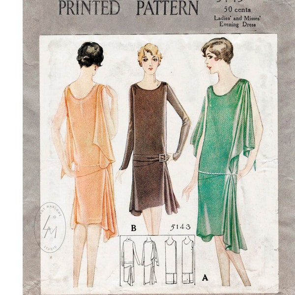 vintage sewing pattern 1920s 20s reproduction flapper day or evening dress bias cut drop waist large bust 40