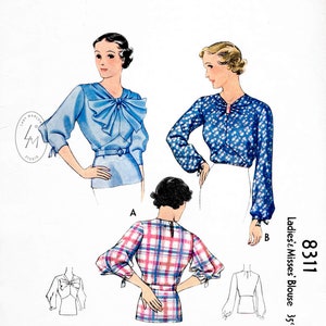 vintage sewing pattern 1930s 30s blouse pattern // day or evening //peplum waist / full sleeves / reproduction / Bust 32 34 36 38 40 / 1930