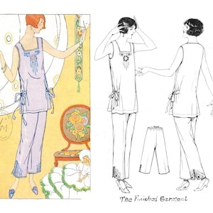 以下が含まれることがあります： 女性用のパジャマセットの白黒のイラスト。ノースリーブのトップスとパンツ。トップスはビーズのネックライン、パンツはウエストにリボン付き。イラストにはパンツのアップと白いドレスを着た人形が含まれています。