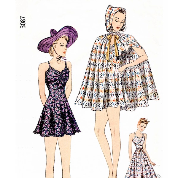 vintage sewing pattern 3 piece ensemble 1930s beachwear / sun skirt, playsuit & hooded cape  Bust 34 b34
