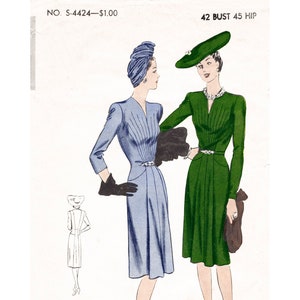1940 vintage sewing pattern 1940s 40s dress pattern film noir godet pleats curved panel skirt Bust 42 reproduction