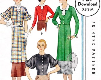 XS S M 1930s 30s blouse vintage sewing pattern in 3 styles / peplum waist puff sleeves / PDF pattern digital download