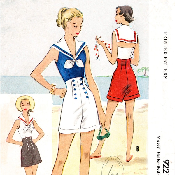 vintage sewing pattern 1950s 1960s romper playsuit vintage pattern  nautical style beachwear reproduction / bust 34