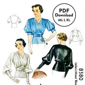Patrón de costura vintage ML L XL, patrón de costura vintage, años 30, blusa de noche art déco para señoras, mangas farol, PDF, descarga instantánea