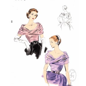 May include: A vintage sewing pattern illustration showing a woman wearing a pink and purple dress with a draped neckline. The pattern number is 7776-50c.