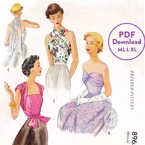 May include: A vintage sewing pattern for a bodice with three different styles. The pattern is for Misses' sizes and includes a PDF download option. The pattern is for sizes ML L XL.