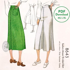 Puede incluir: Patrón de costura vintage para una falda dividida de mujer. La ilustración muestra una falda verde con un bolsillo y una falda blanca con una abertura frontal. Incluye tallas M, L y XL. El texto dice "Printed Pattern".