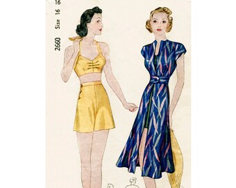 vintage sewing pattern 1930s 1940s  crop halter top shorts & sun dress bust 34 b34